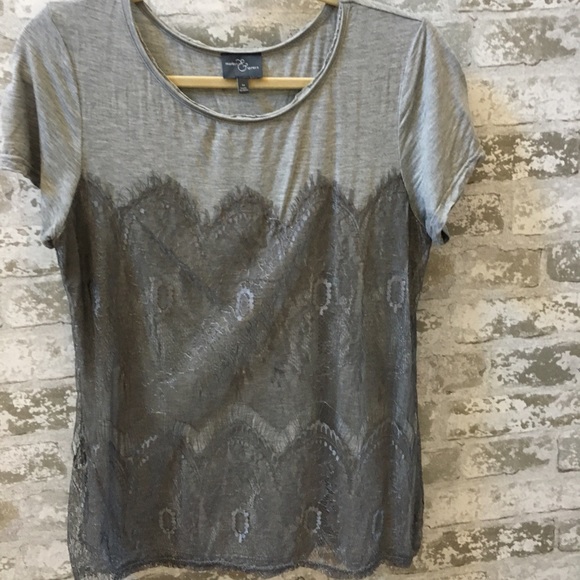 Market & Spruce Tops - Grey Lace Overlay Top
